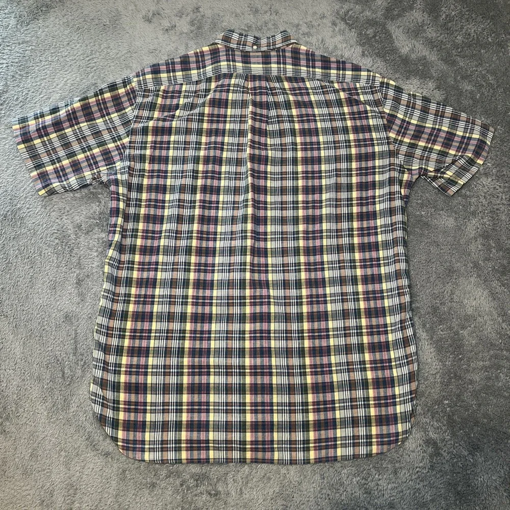 VTG Ralph Lauren Mcmeel Short Sleeve Plaid Polo Button Down Shirt Navy Pony SZ L